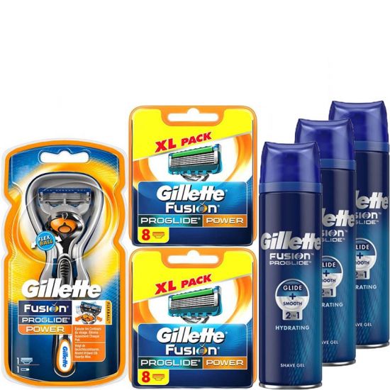 Gillette Combi Fusion ProGlide Power Flexball Houder incl 17 Mesjes + 3x 200ml ProGlide Hydrating Gel