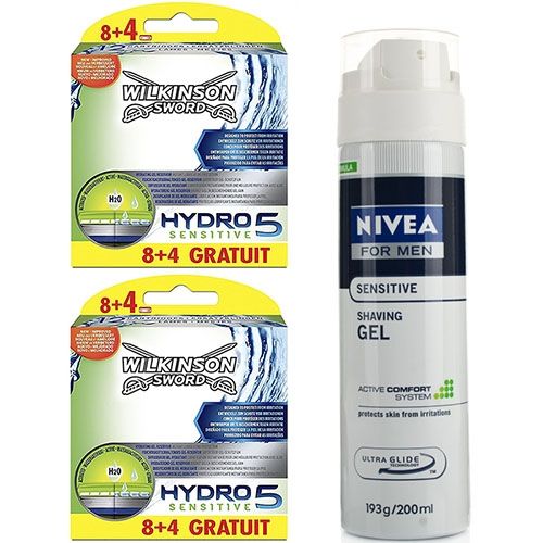 Wilkinson Combi Hydro5 Sensitive 16 + 8 Mesjes + Nivea Sensitive Scheergel 200ml