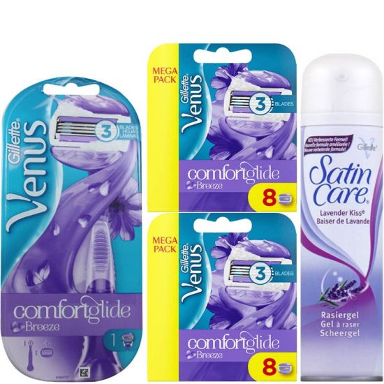 Gillette Combi Venus Breeze Scheersysteem incl 17 Mesjes + Satin Care Droge Huid Scheergel 200ml