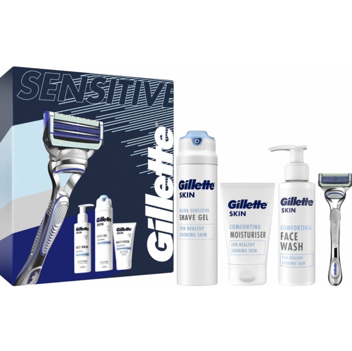 Gillette Geschenkset SkinGuard Sensitive - Scheermes Voor Mannen + SkinGuard Scheergel 200ml + Hydraterende Crème 100ml + Gezichtsreiniger 140ml
